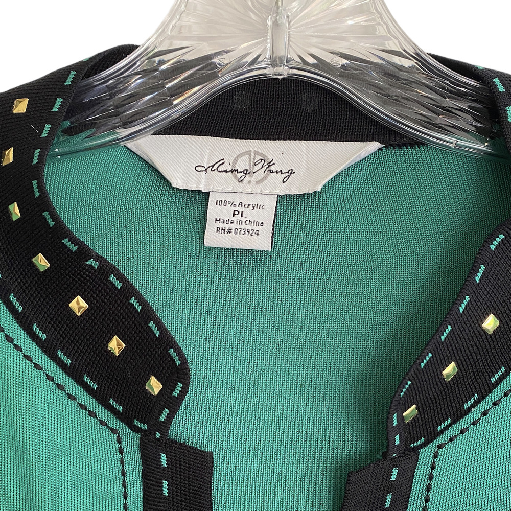 MING WANG Size L Cardigan Open Front Green Black Gold Metal Studs - Picture 7 of 9